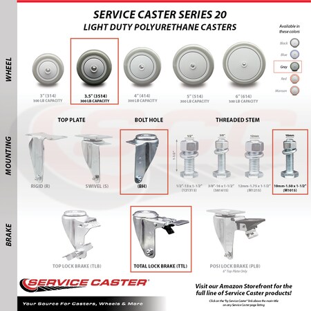 Service Caster 3.5 Inch SS Gray Poly 10mm Threaded Stem Caster Total Lock Brake SCC, 2PK SCC-SSTSTTL20S3514-PPUB-M1015-2-S-2